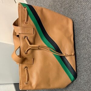 Capital Z - Tan Leather Tote with Green and Black Stripe
